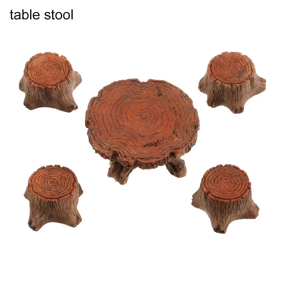 meubles jardin miniature banc fauteuil table tronc arbre champignons clôture rouge marron rustique féerique