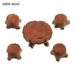 meubles jardin miniature banc fauteuil table tronc arbre champignons clôture rouge marron rustique féerique