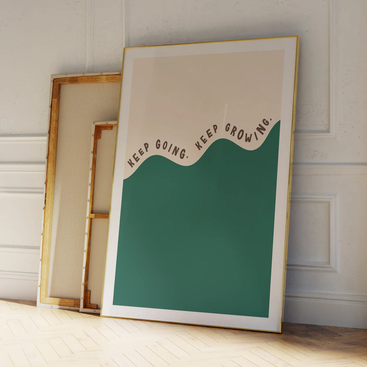 affiche graphique minimaliste beige vert keep going cadre métal salon chambre enfants decoration maison