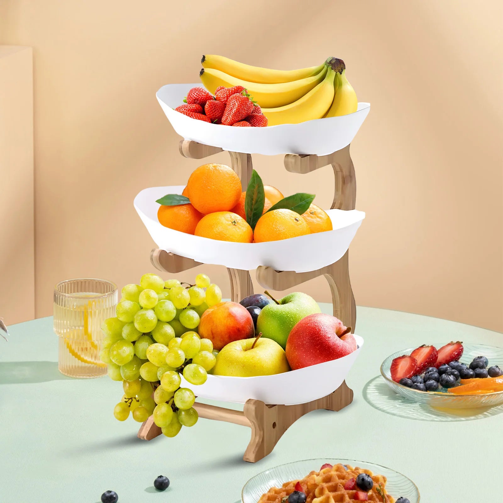 Corbeille fruits 3 niveaux bambou plastique gris clair