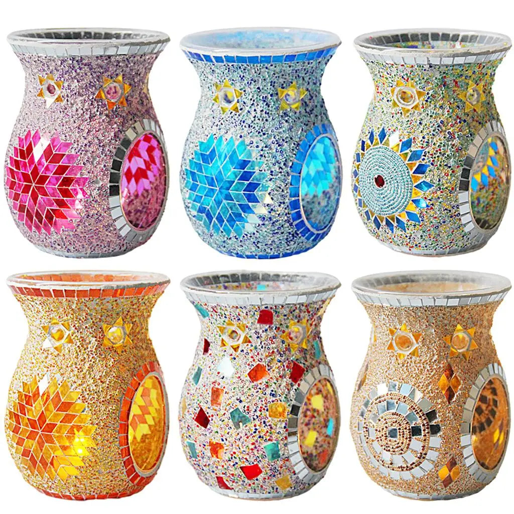 bougeoir verre mosaïque multicolore rouge bleu jaune artisanal décoration intérieure brûleur huile cire parfumée