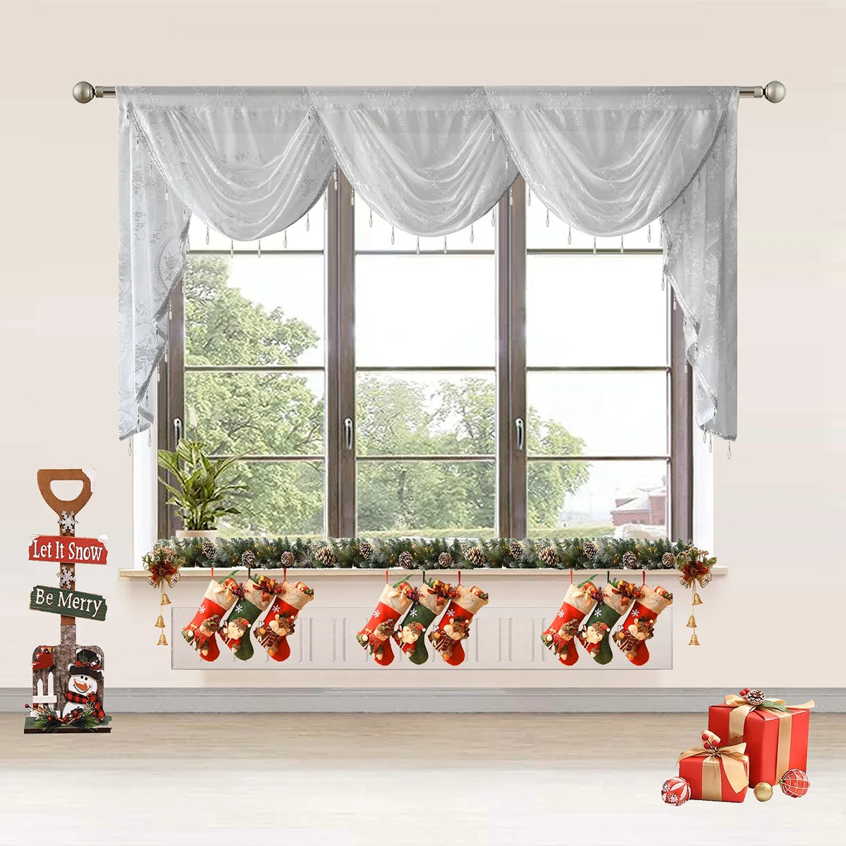 rideau vert olive brodé fleurs semi transparent classique fenêtre cuisine décoration dorées franges
