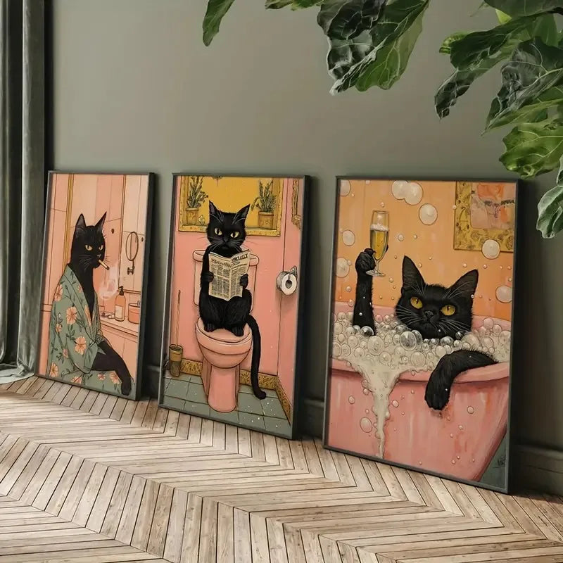 affiche toile chat noir rose décoration murale salon salle bain moderne illustration artistique
