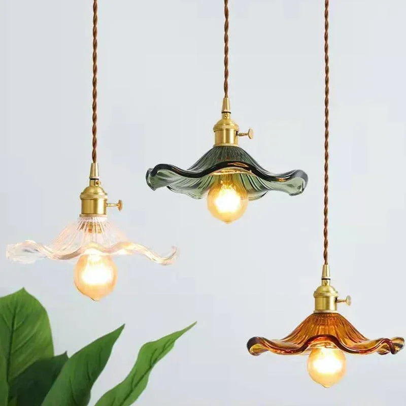 lampe suspendue vintage vert orange transparent fleur ondulée art déco chaîne torsadée