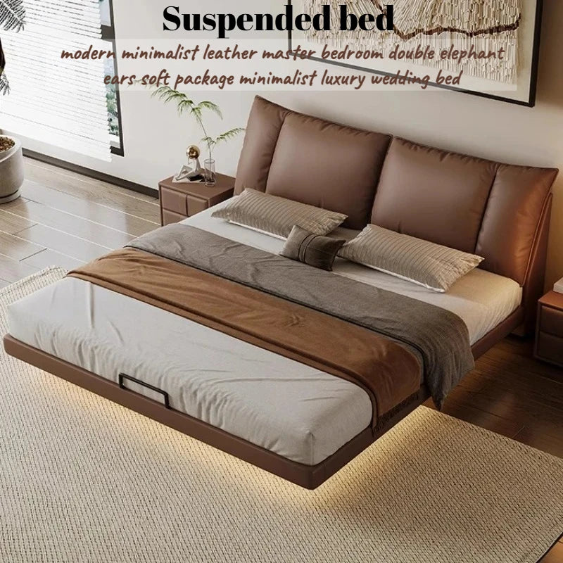 lit suspendu marron clair simili cuir minimaliste moderne oreillers draps couverture 158cm 215cm 43cm