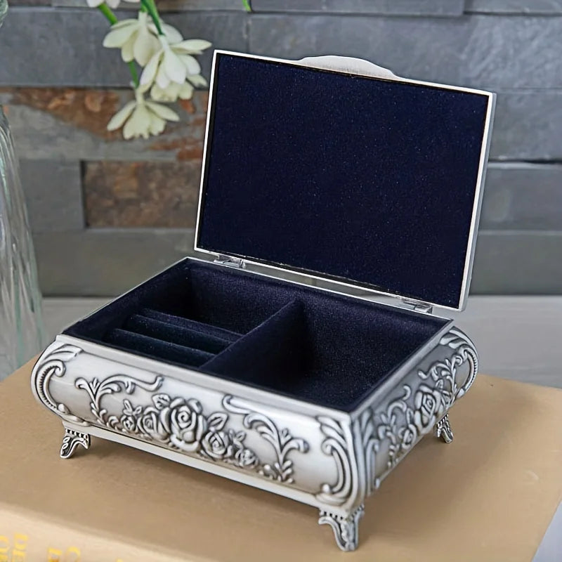 Boîte à bijoux grande capacité en métal blanc avec fermeture à boucle