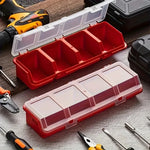 boîte rangement outils rouge transparente compartiments pratique compact vis écrous atelier maison
