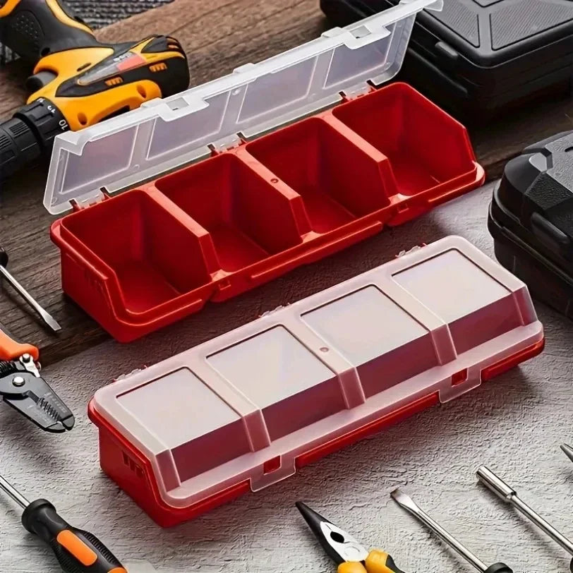 boîte rangement outils rouge transparente compartiments pratique compact vis écrous atelier maison