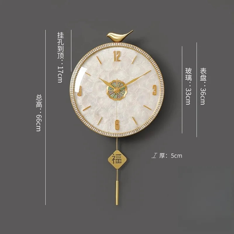 horloge murale moderne or blanc motif marbré cristaux oiseau chinois