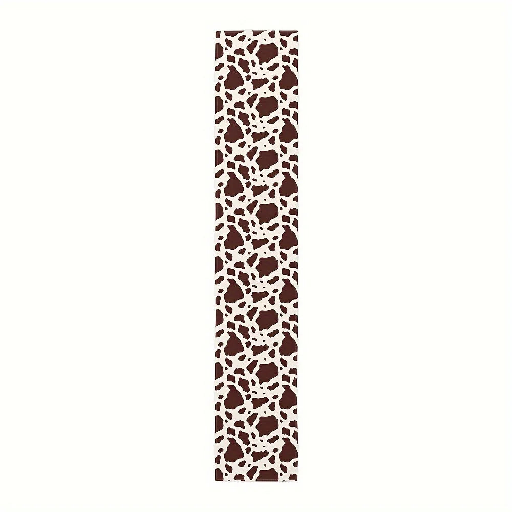 nappe rectangulaire marron peau vache motif damier decoration intérieure rustique fleurs fruits assiettes serviettes