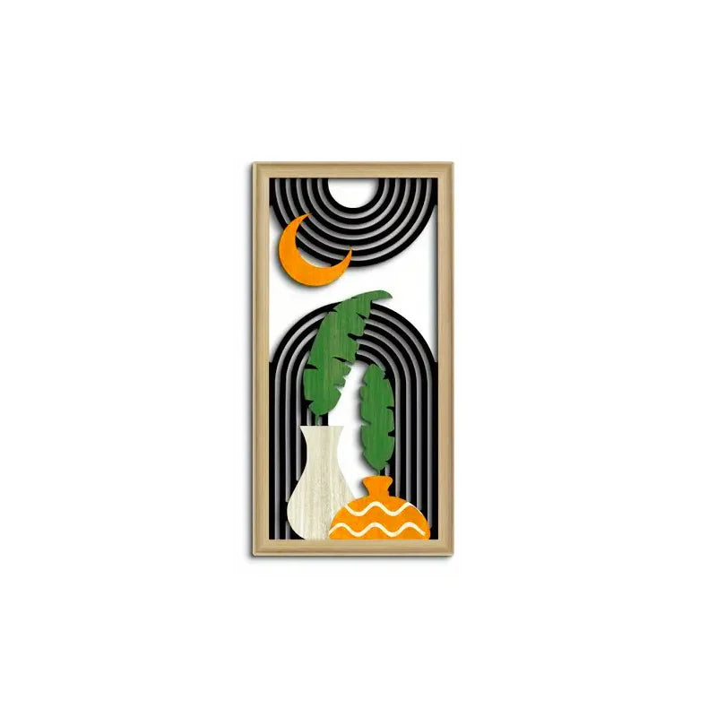 tableaux abstraits modernes bois noir blanc vert feuilles demi lunes dorées minimaliste