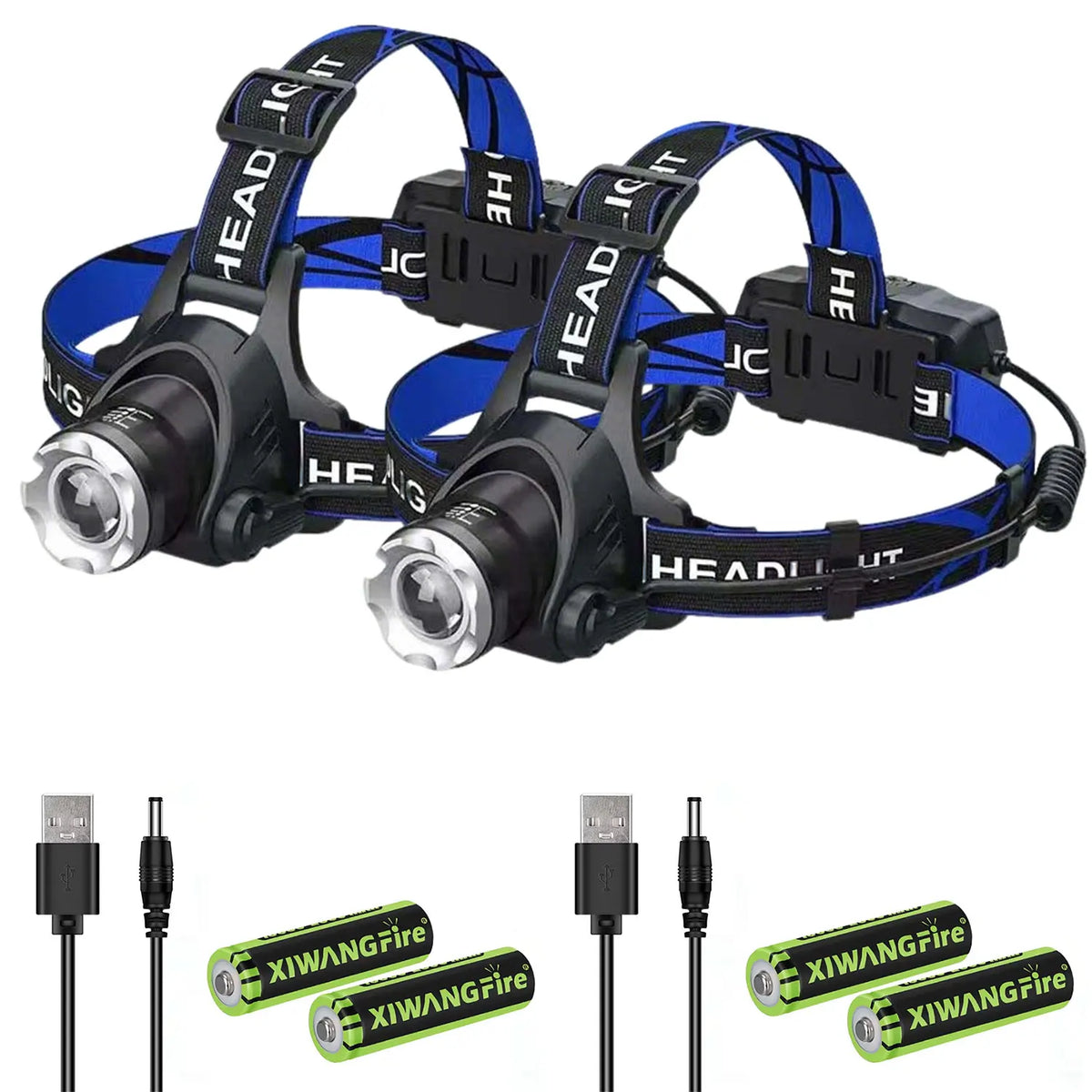 lampe frontale led rechargeable étanche haute luminosité zoomable noir bleu moderne
