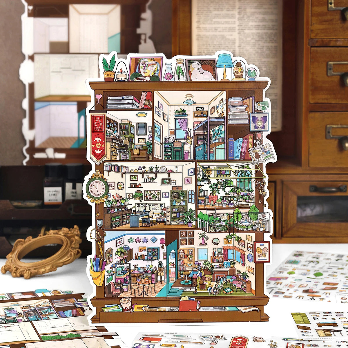 sticker maison repositionnable feuilles stickers illustrations détaillées miniature ambiance chaleureuse animaux meubles plantes objets