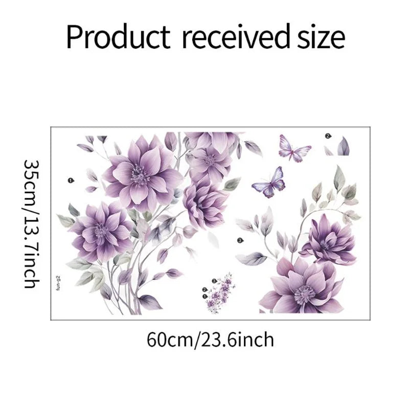 autocollants muraux fleurs violettes papillons décoration chambre salon 60cm 44cm pastoraleOpaque adhésif