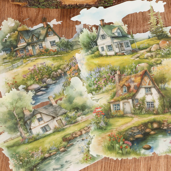 autocollants muraux paysage rural aquarelle maison arbres fleurs ruisseau decorations intérieur opaque multicolore