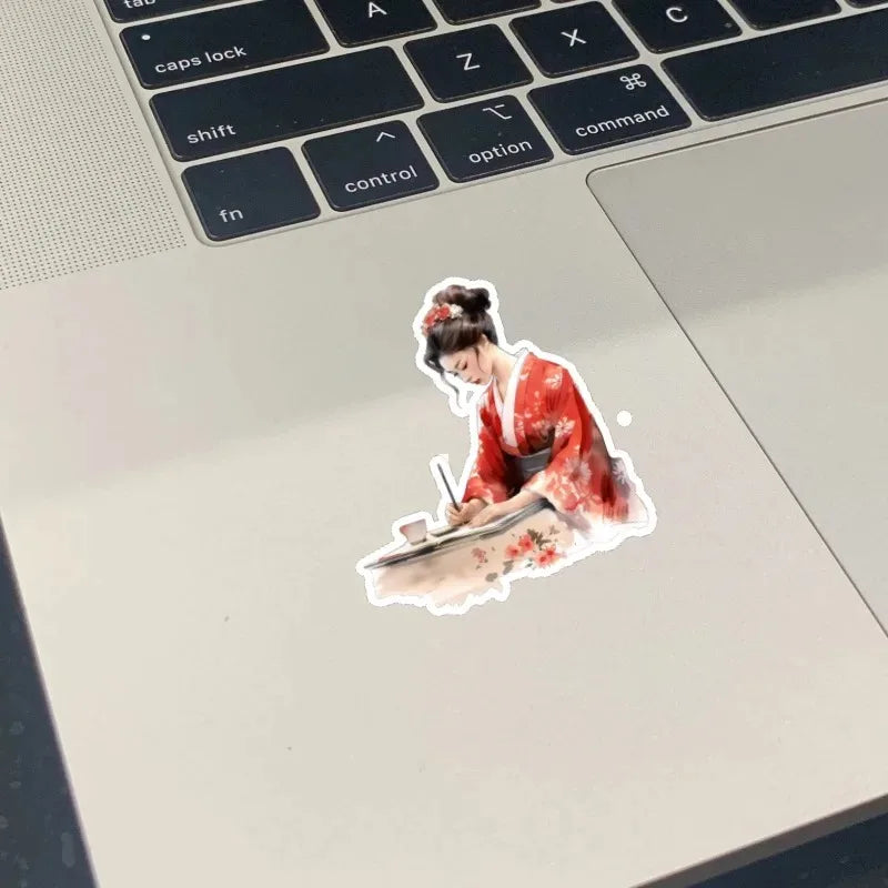 sticker aquarelle femme kimono fleur rouge violet noir traditionnel adhésif papeterie artisanal japonaisDecorationScrapbooking