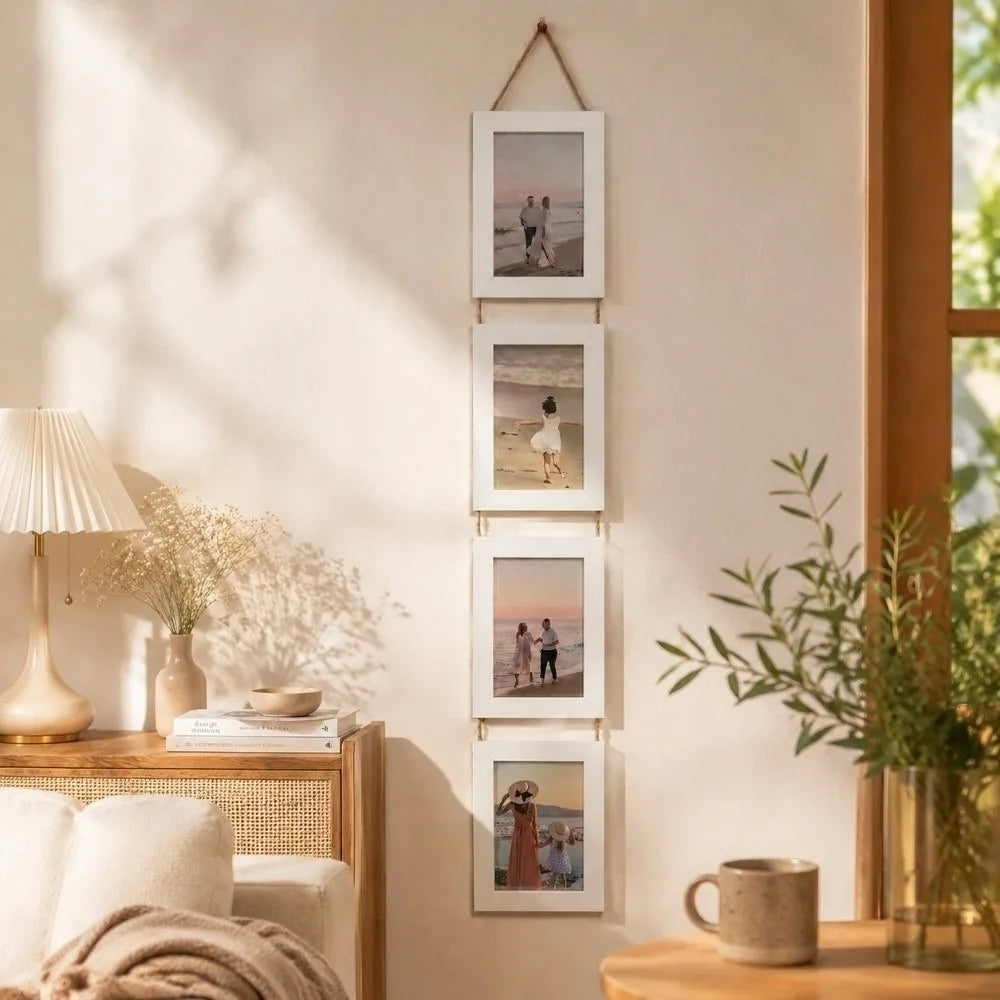 cadre mural plusieurs compartiments moderne minimaliste bois naturel noir cordelette suspension photo famille