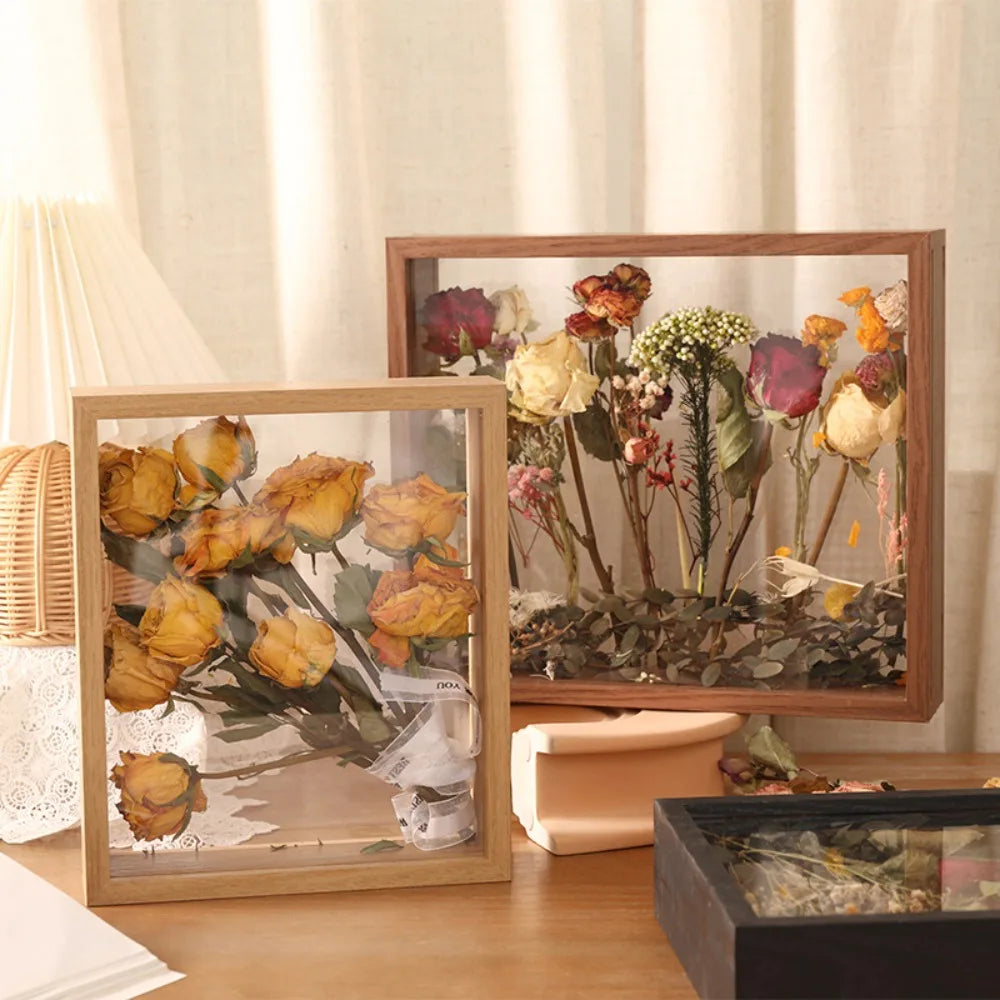 cadre fleurs séchées bois transparent bouquet display box storage décoration intérieure clips rustique naturel