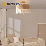 lampe suspendue moderne bohème tissu tressé franges blanches 40cm beige blanc