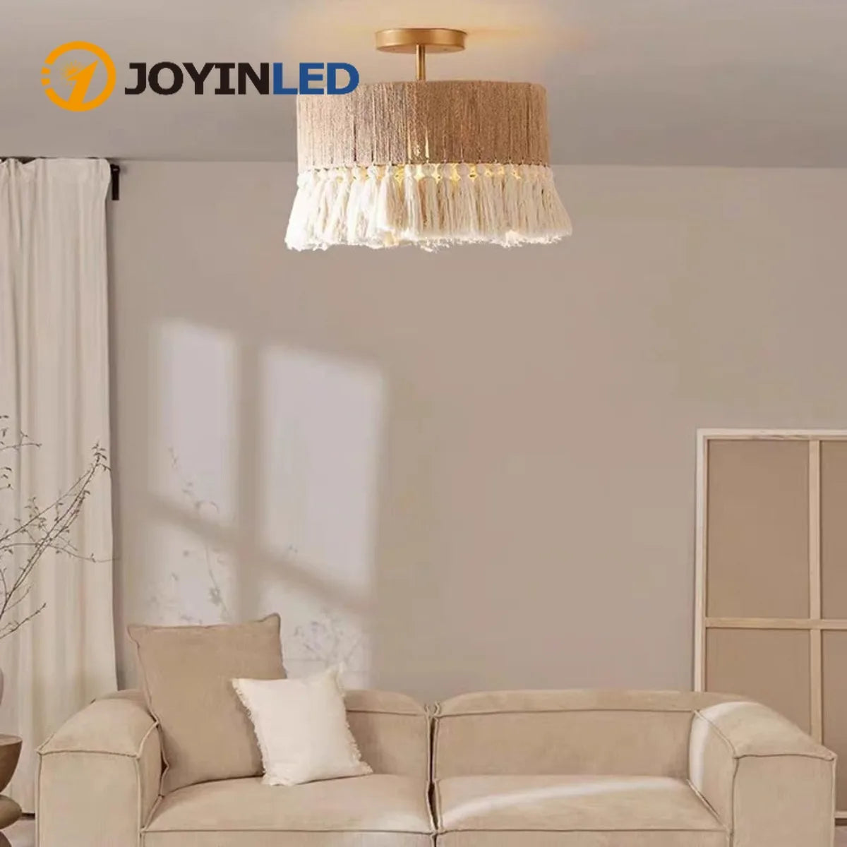 lampe suspendue moderne bohème tissu tressé franges blanches 40cm beige blanc