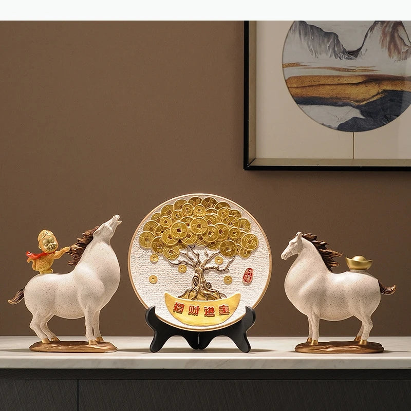 statues chevaux décoratives asiatiques blanc orange figurines humaines petits ornements dorés