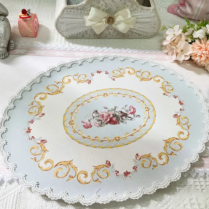 serviettes table rectangulaires fleurs roses classiques blanc rose pâle beige bleu clair bordure dentelée