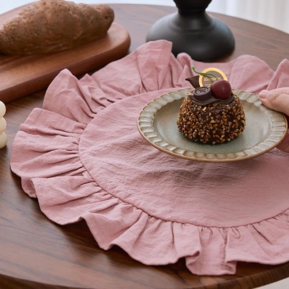 serviette table verte rose beige bleu jaune volants décorative polyestère brillante