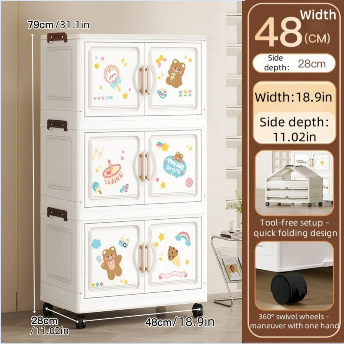 organisateur vêtements armoire tiroirs dessins animés ours lapins moderne blanc roulettes pliable chambre salon