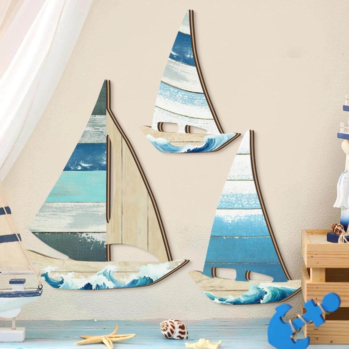 décoration murale art marin voiles bateau peinture vague bleu blanc bois farmhouse chambre salonétévacancesintérieur