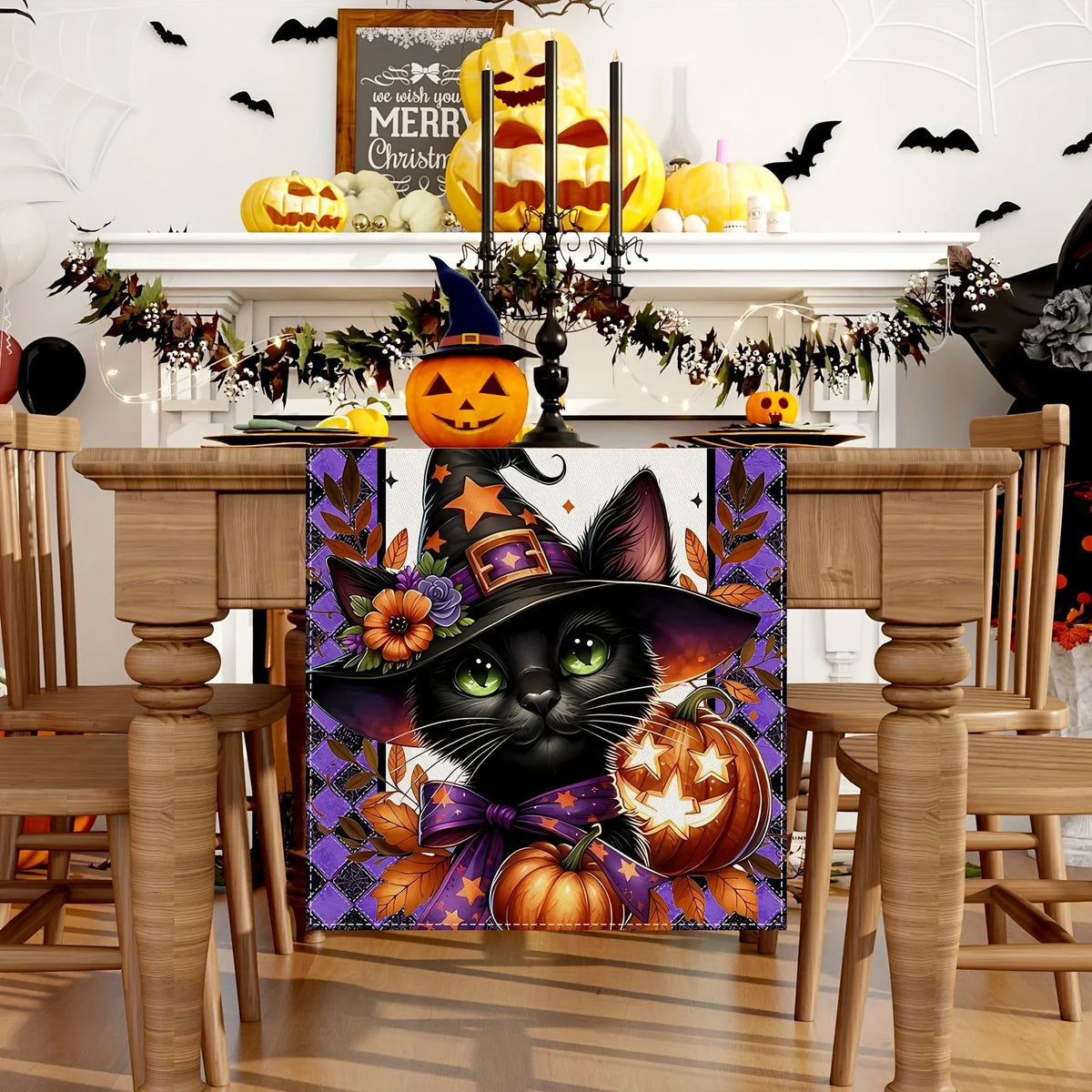 table cuisine halloween violet blanc citrouille chat chapeau sorcière feuilles automne