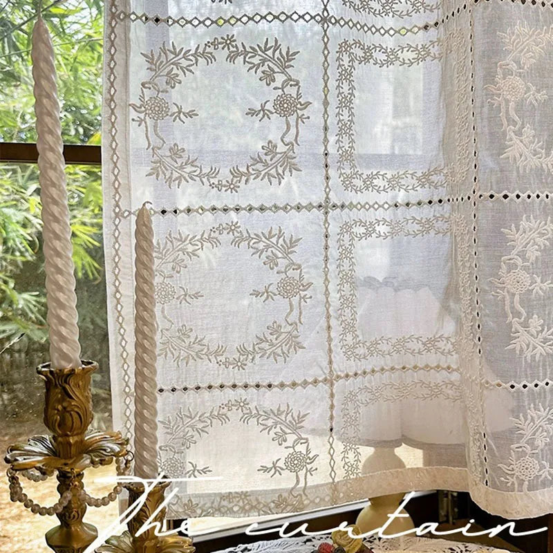 rideau blanc brodé fleurs classique transparent ruban décoratif maison