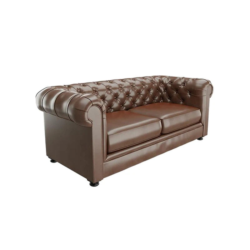 canapé salon vintage tufté bois marron scandinave table dappoint élégant doux minimaliste moderne