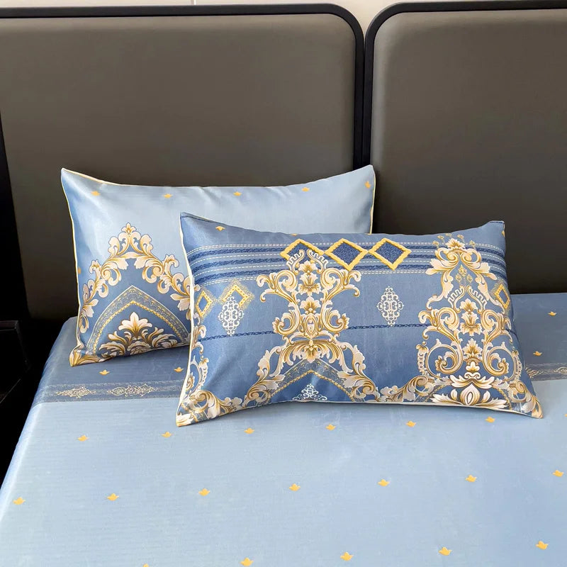 drap housse lit bleu clair doré motif floral classique taies d'oreiller coton