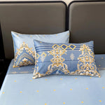 drap housse lit bleu clair doré motif floral classique taies d'oreiller coton