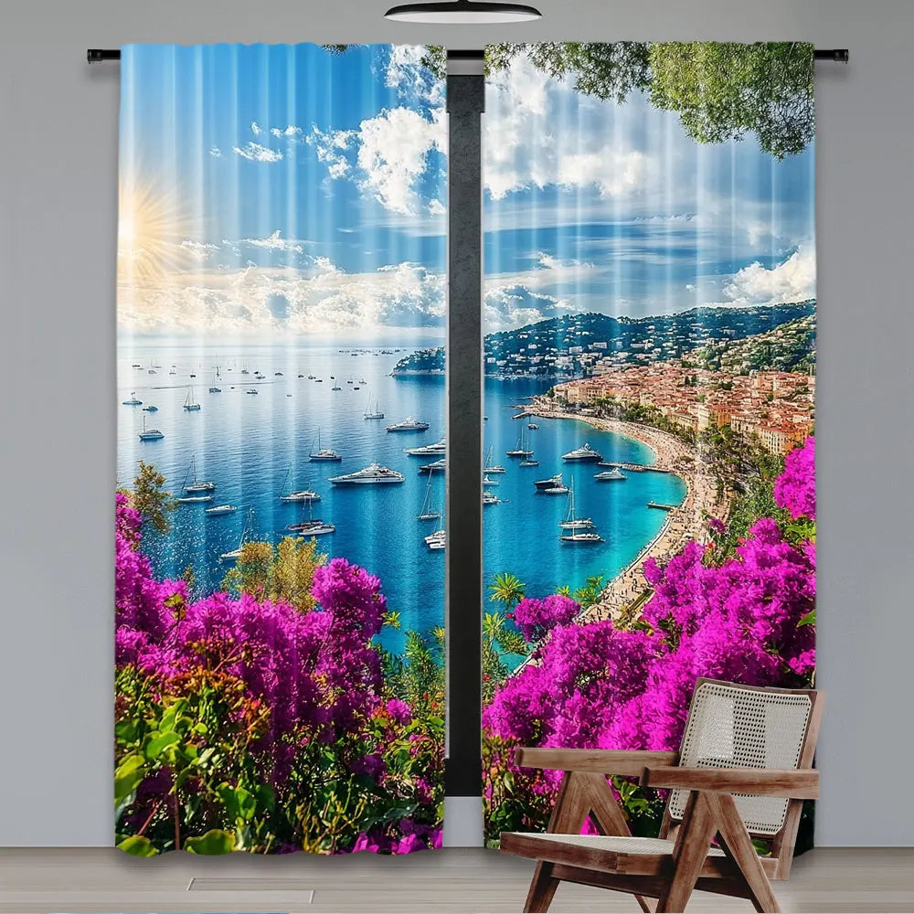 rideau moderne paysagiste bleu ciel nuages bateaux fleurs plage polyester 75x166cm