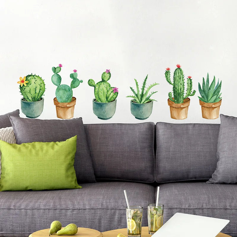 sticker mural cactus floral illustration aquarelle adhésif vert beige bleu