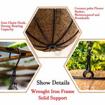 panier suspendu marron clair coquille noix coco cadre fer noir classique rustique crochets métalliques