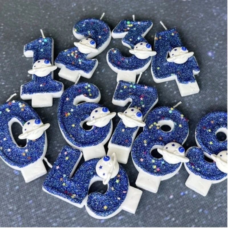 bougies anniversaire numéros bleu pailleté étoiles décoratives thème espace opaques box incluses