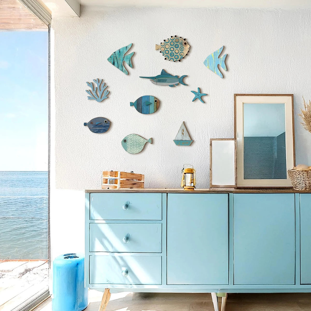 décoration murale bois poissons corail étoile mer voilier marin océan intérieur artisanal fait main