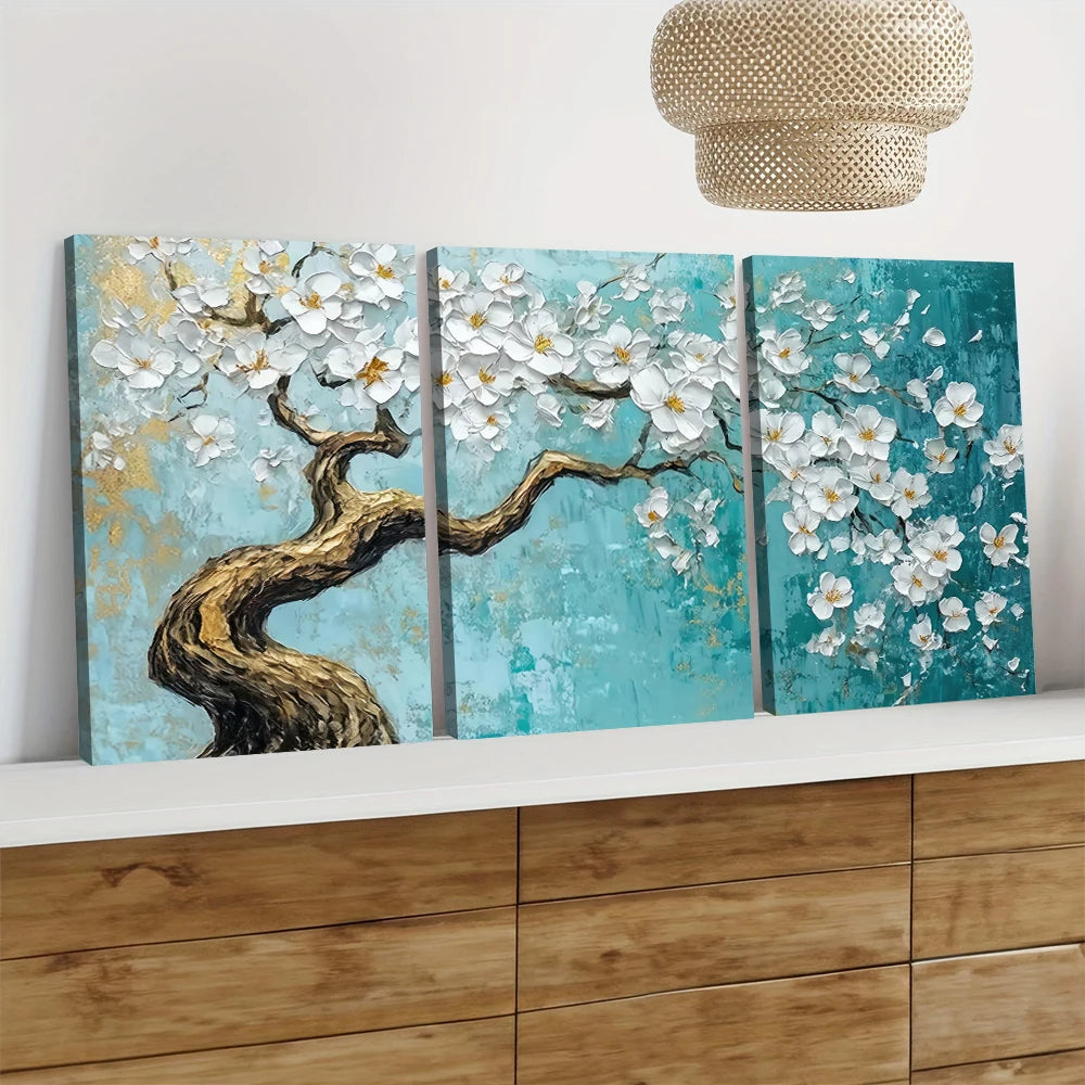 tableau mural peinture abstraite fleurs bleu clair blanc doré moderne sans cadre décoration intérieure