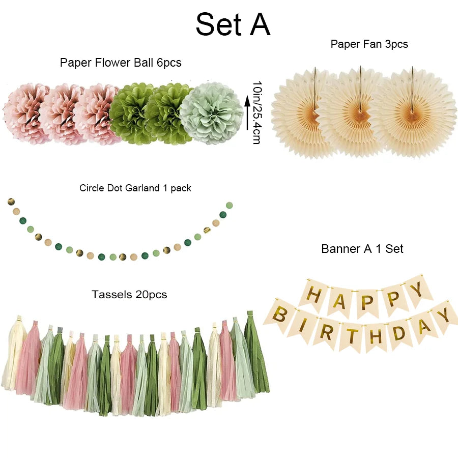 décoration anniversaire rose clair vert papier plissé fan fleuri guirlande clips boules pompons happy