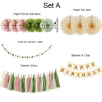 décoration anniversaire rose clair vert papier plissé fan fleuri guirlande clips boules pompons happy