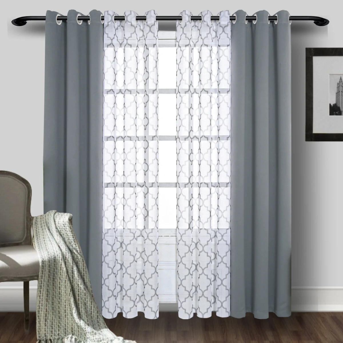 rideau moderne polyester motif géométrique bleu marine gris translucide opaque pièces chambre salon