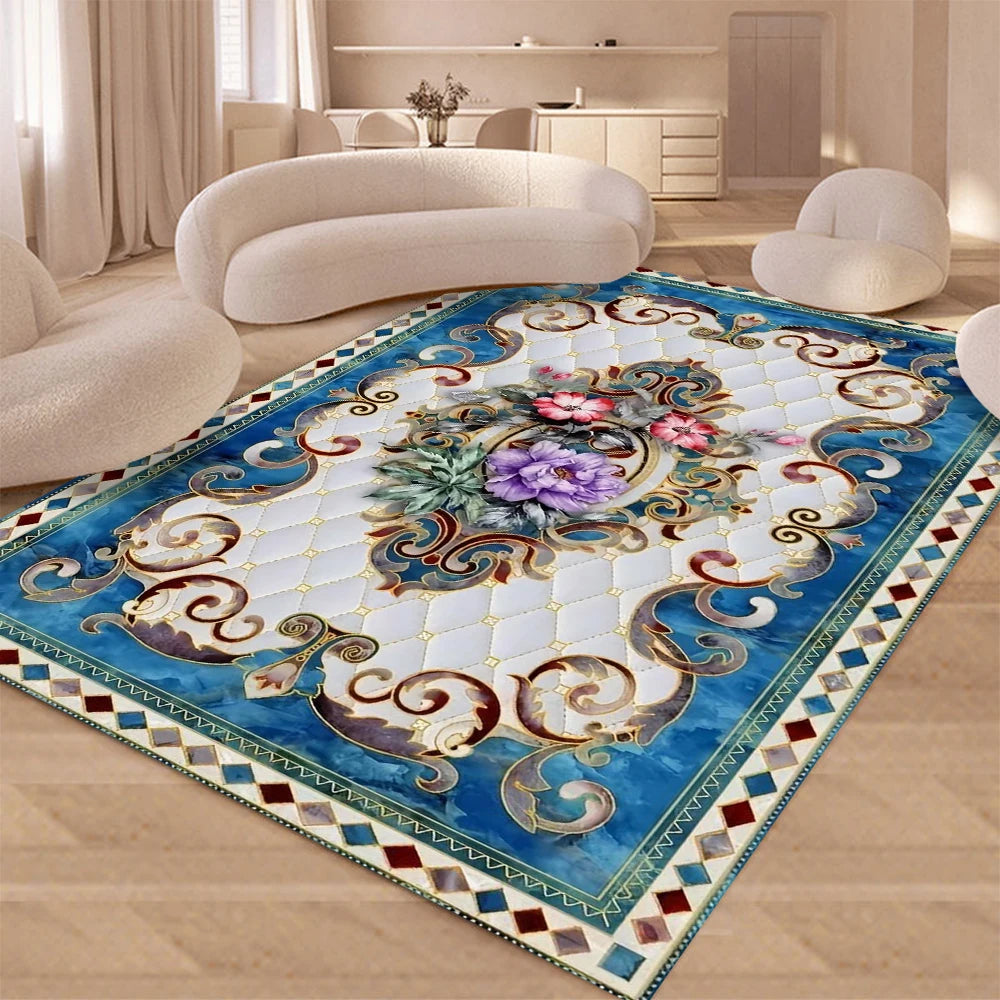 tapis floral baroque orné bleu blanc doré rose violet classique moderne chambre salon extérieur