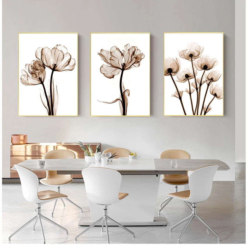 tableau toile art fleurs abstraites moderne cadre doré décoration murale salon beige blanc