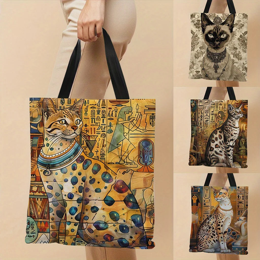 sac main multicolore motif égyptien hiéroglyphes chats moderne toile imprimée poignées robustes fourre tout