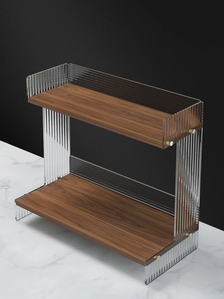 étagère deux niveaux bois marron clair métal argenté moderne minimaliste plateau lisse vase bouteille
