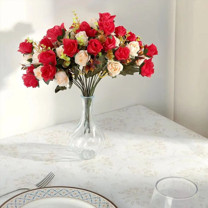 décoration maison bouquet fleurs artificielles rouge crème bleu vert extérieur champêtre