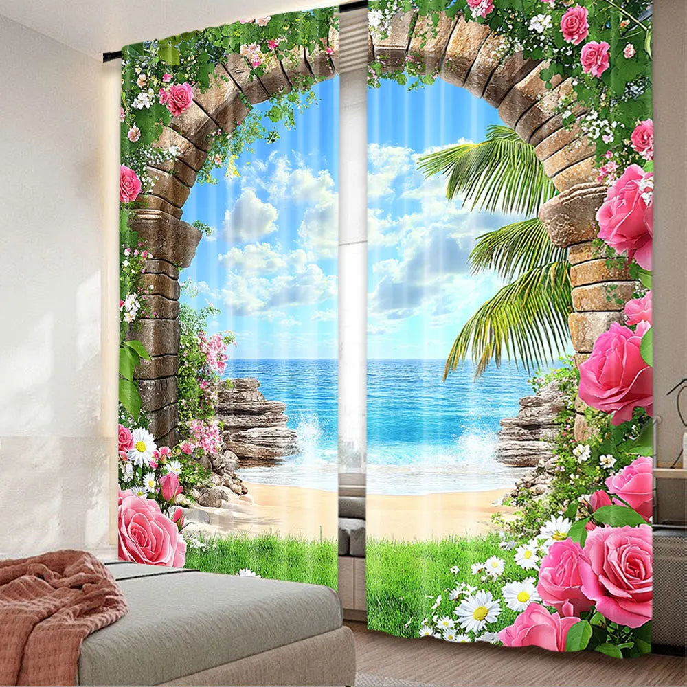 rideau polyester moderne paysage marin plage palmiers roses blanc vert bleu