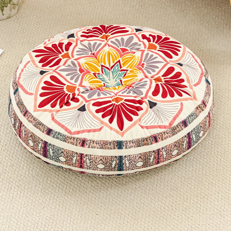 coussin rond boho chic motifs floraux géométriques antidérapant polyester blanc bleu